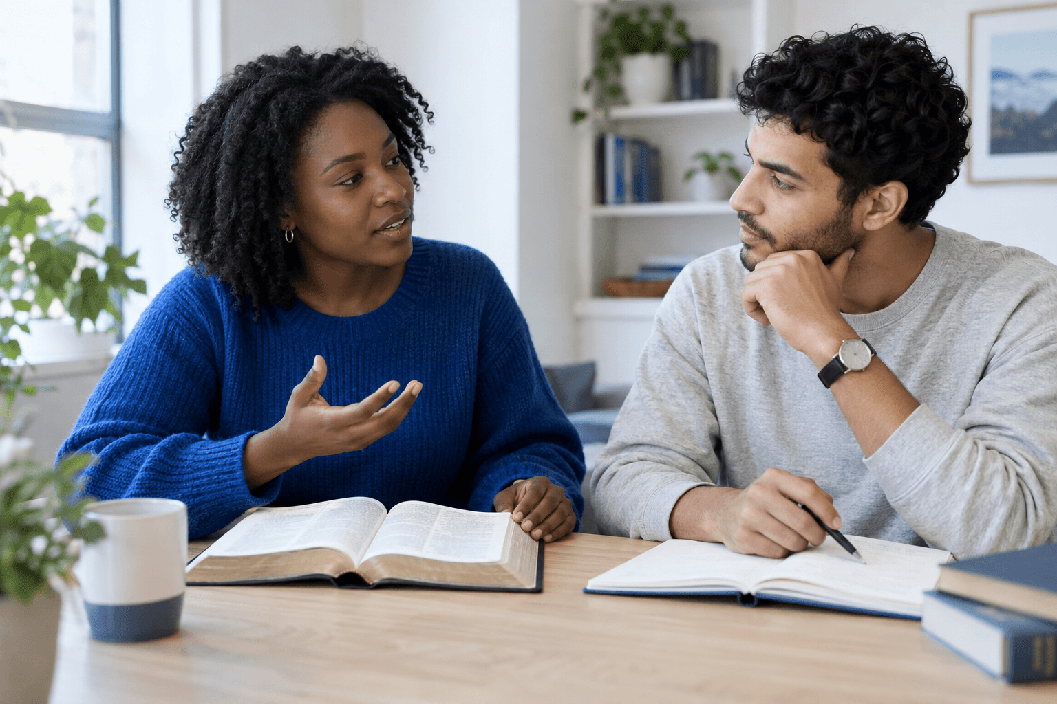 Deux amis discutent autour d’une Bible ouverte