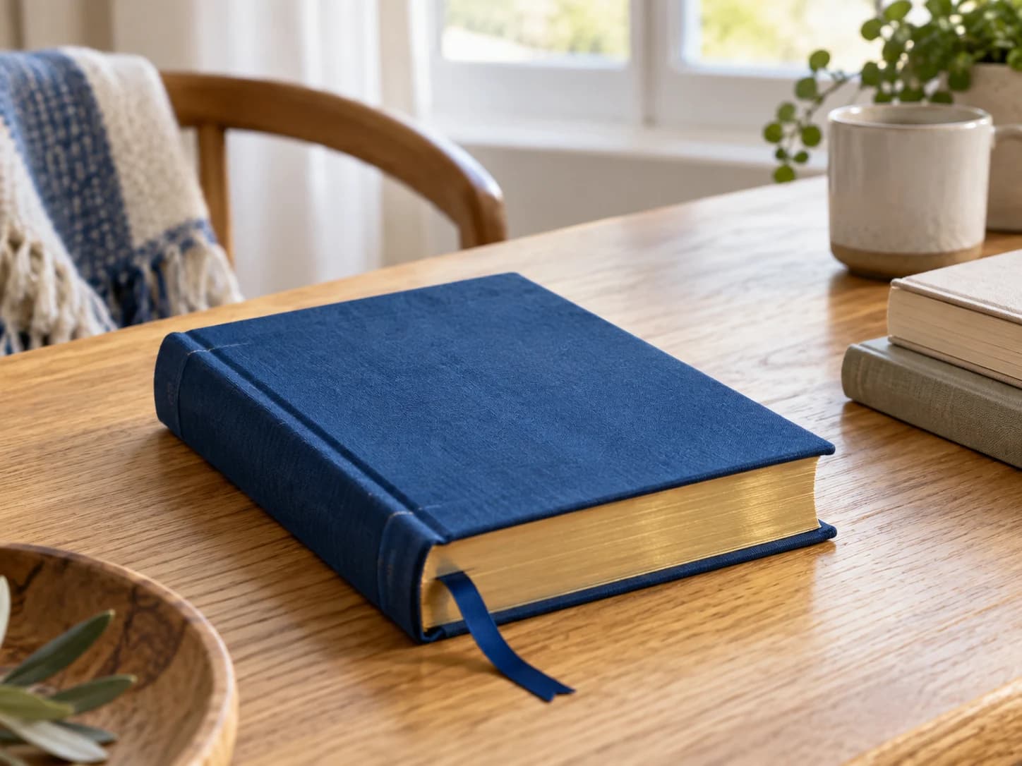 Livre bleu relié sur une table de lecture