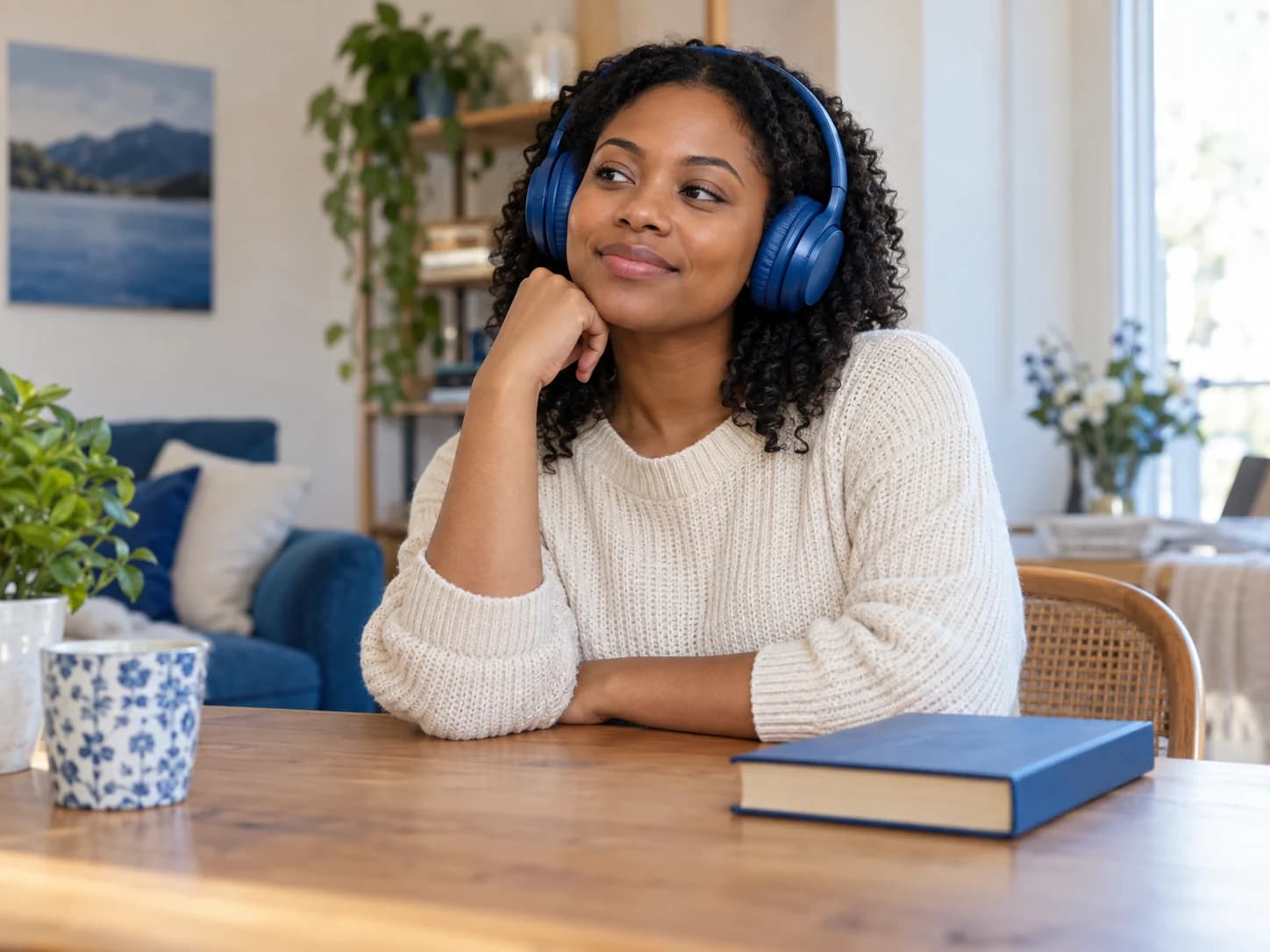 Femme écoutant attentivement avec un casque