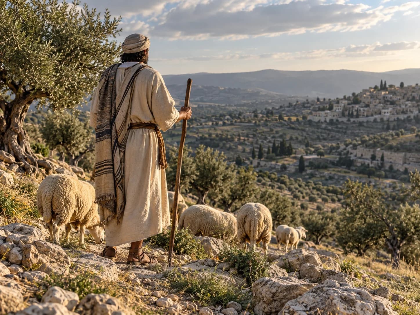 Berger et moutons sur une colline ensoleillée